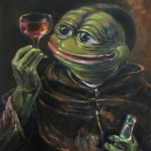 Pepe Monk with a Wine Glass (Pepelangelo, oil on canvas, 2017)
