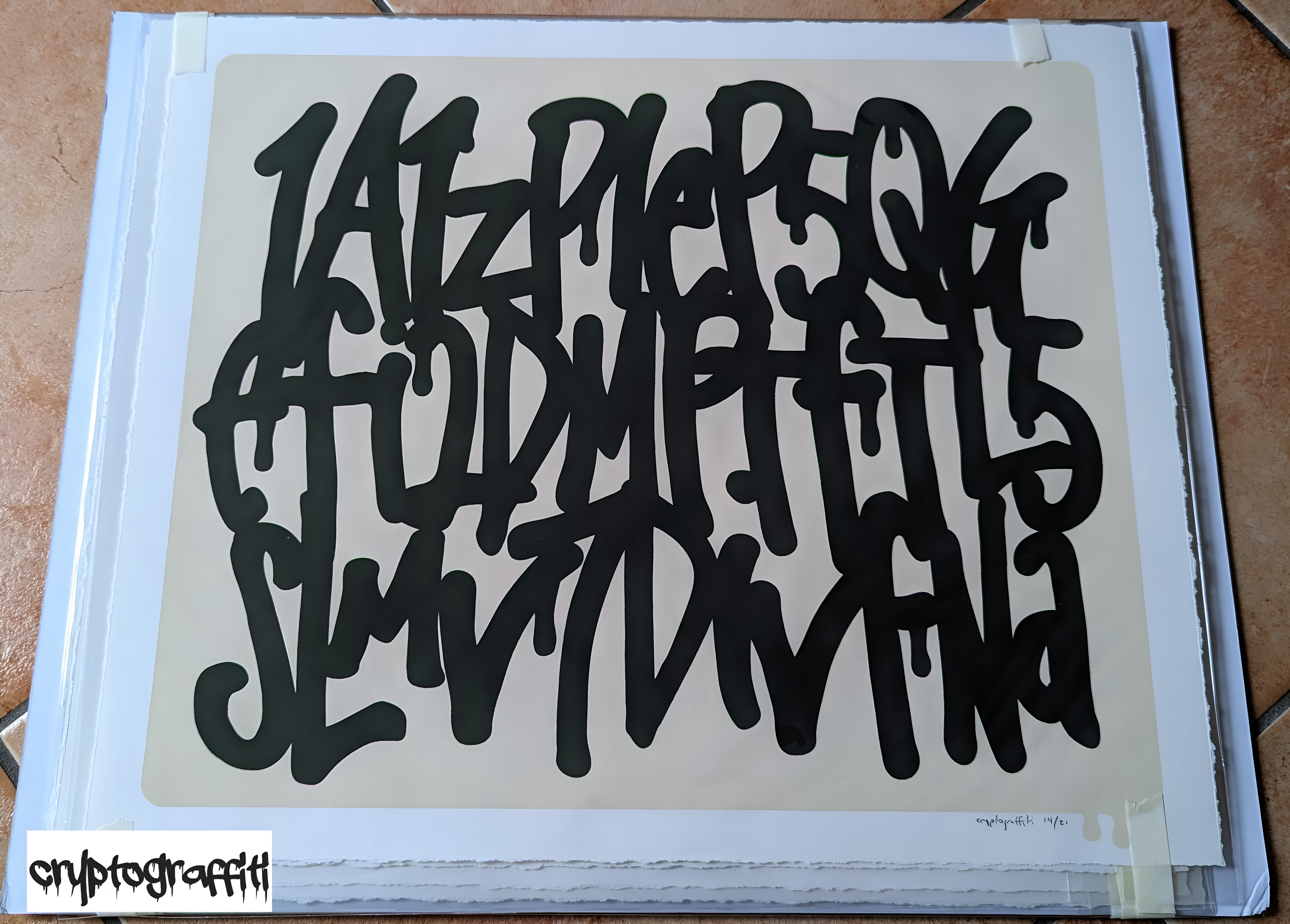 cryptograffiti - "Genesis Address" 3-line print (AR-enabled), #14/21 signed, olive+tan