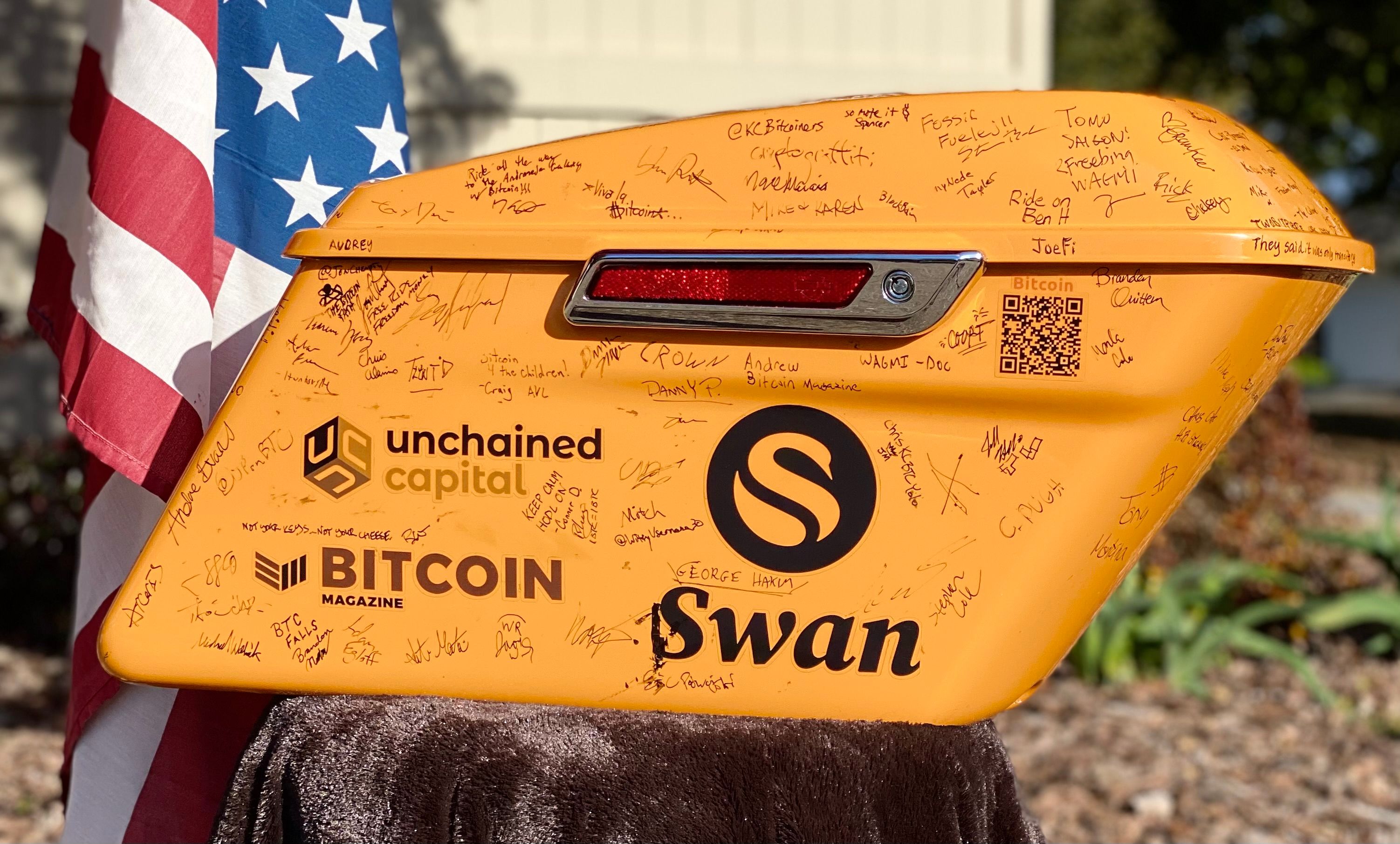 Proof of Bitcoin Tour: Signed Harley Saddlebags