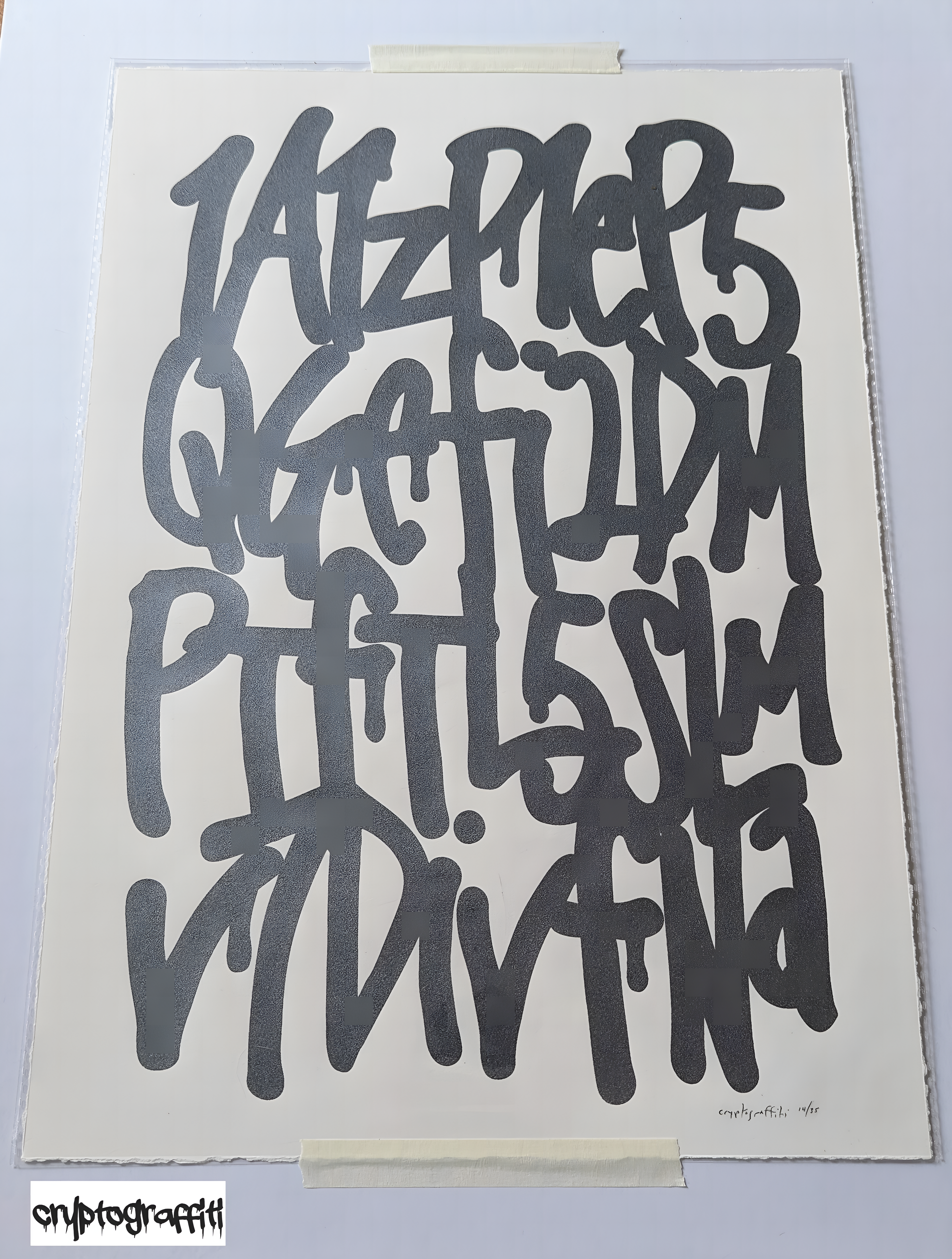 cryptograffiti - "Genesis Address" 4-line print (AR-enabled), #14/35 signed, charcoal