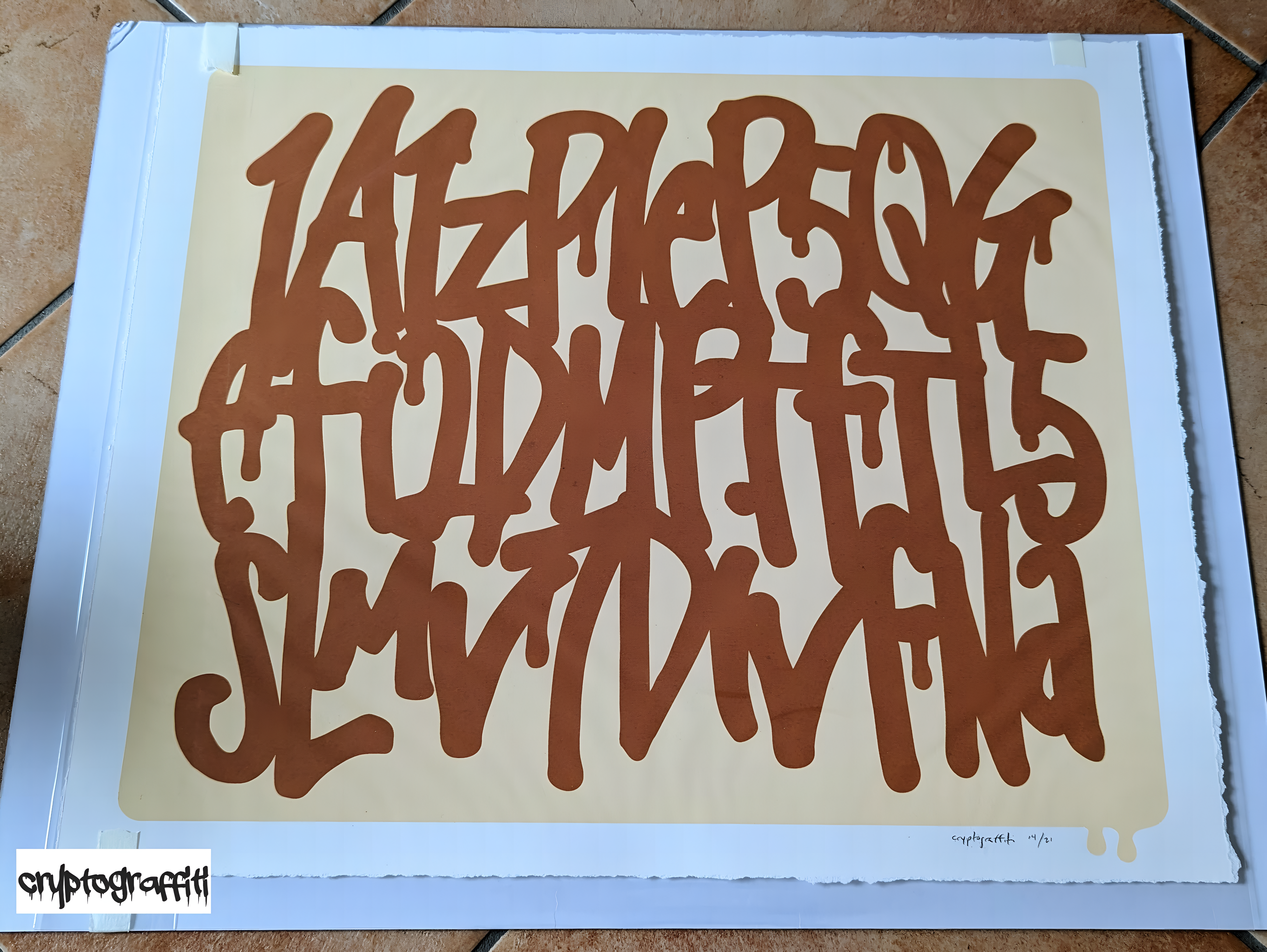 cryptograffiti - "Genesis Address" 3-line print (AR-enabled), #14/21 signed, orange+cream