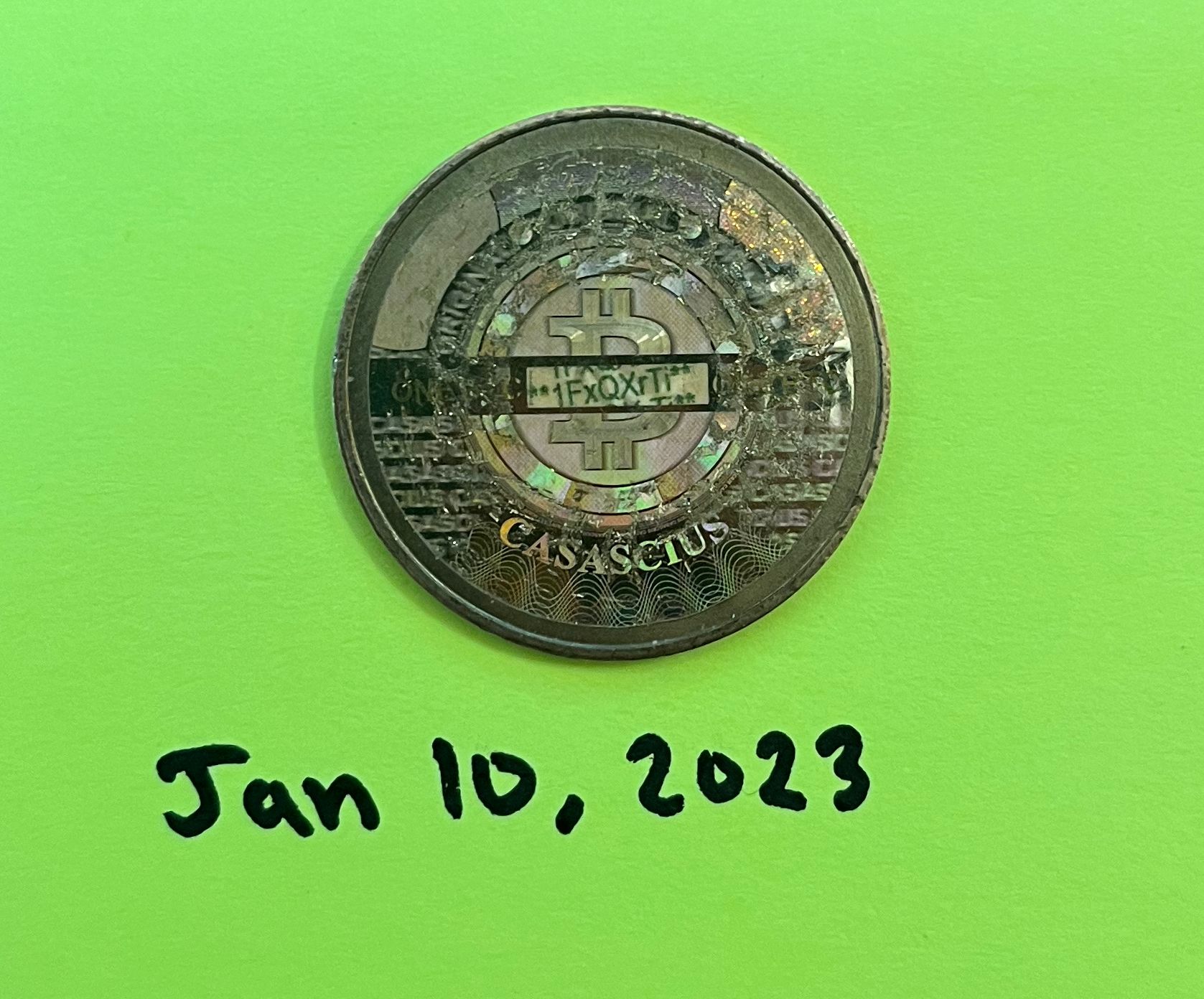 Casascius 1 Bitcoin coin, created 2011-12-13