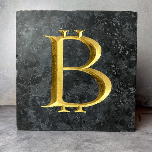 "Serif Bitcoin Symbol" No. 1 in Limestone with 24k Gold Leaf