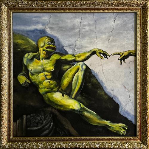 "The Creation of Pepe" by Pepelangelo (Unique print on canvas with handpainted touches of painting)