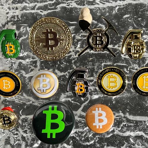 Bitcoin Pins Lot of 12 featuring Roger Ver Bitcoin.com BTC Mining BTC Grenade + Stamp