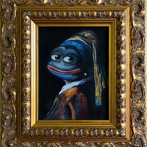 Pepe With a Pearl Earring (Unique print on canvas with handpainted touches of painting )