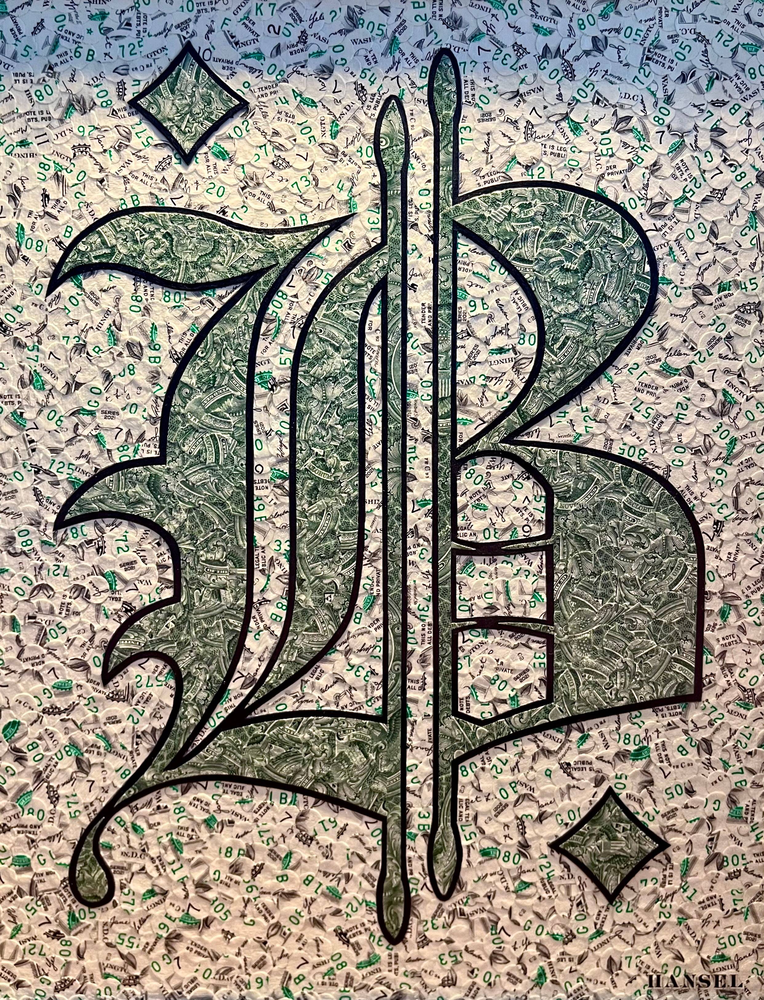 21stC. Alchemy - Fiat collage on canvas board set in ornate dark frame, 2025