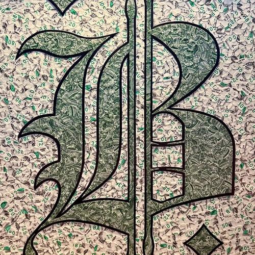 21stC. Alchemy - Fiat collage on canvas board set in ornate dark frame, 2025