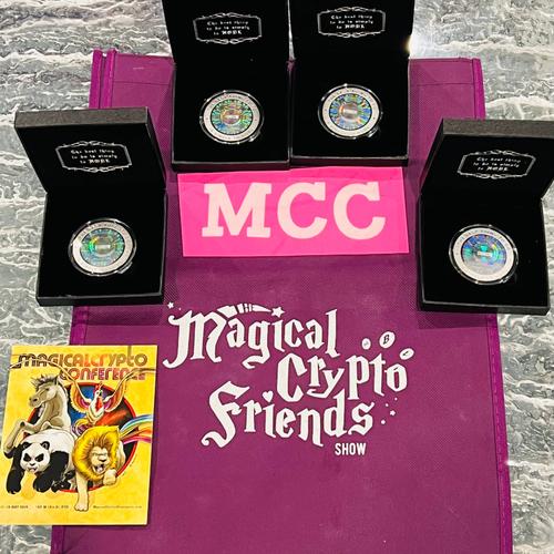 2019 Magical Crypto Friends NYC Magical Crypto Conference Set of 4 Coins w Bag and Promo Card
