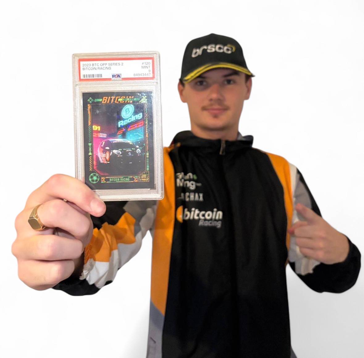 PSA 9 BitcoinRacing Trading Card an First Place Podium-Issued Cap Bundle 