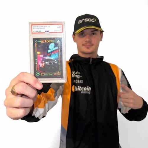 PSA 9 BitcoinRacing Trading Card and First Place Podium-Issued Cap Bundle