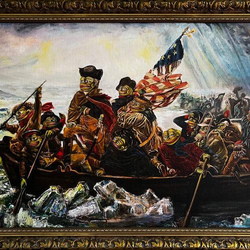 "Pepe Washington Crossing the Delaware" by Pepelangelo (Unique print on canvas with handpainted touches of painting)