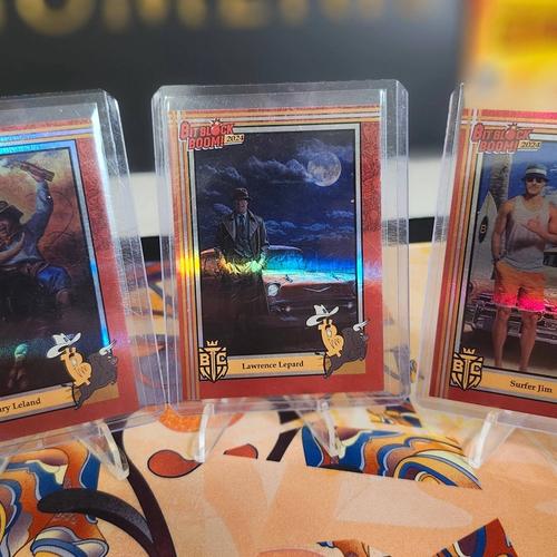 BitBlockBoom bitcoin trading cards: Gary Leland, Larry Lepard, surfer Jim. xx/500