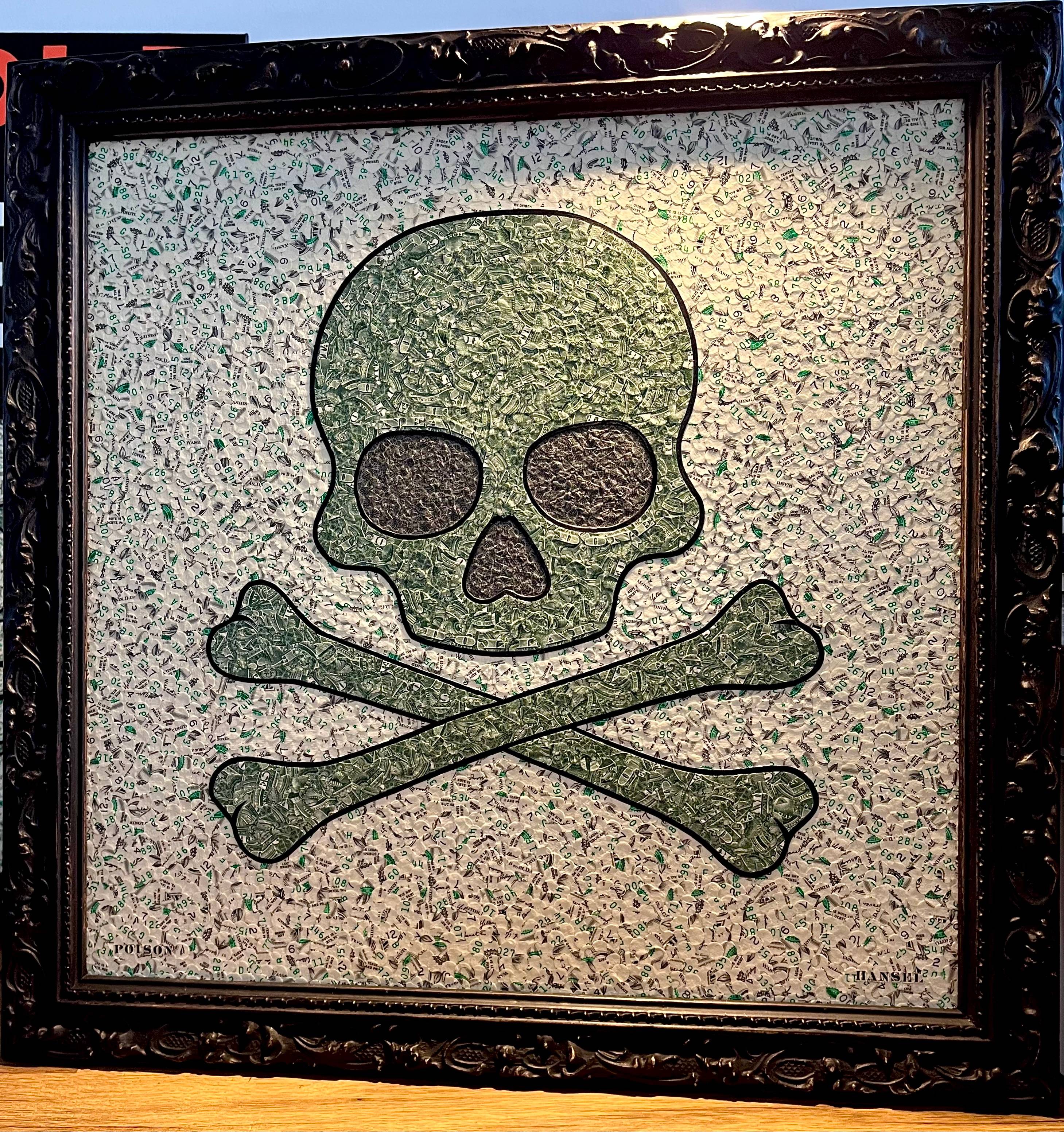 WARNING! (The Moribund Paper of Fools) - Fiat collage on canvas board set in ornate dark frame, 2025