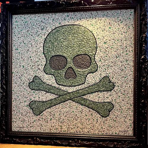 WARNING! (The Moribund Paper of Fools) - Fiat collage on canvas board set in ornate dark frame, 2025