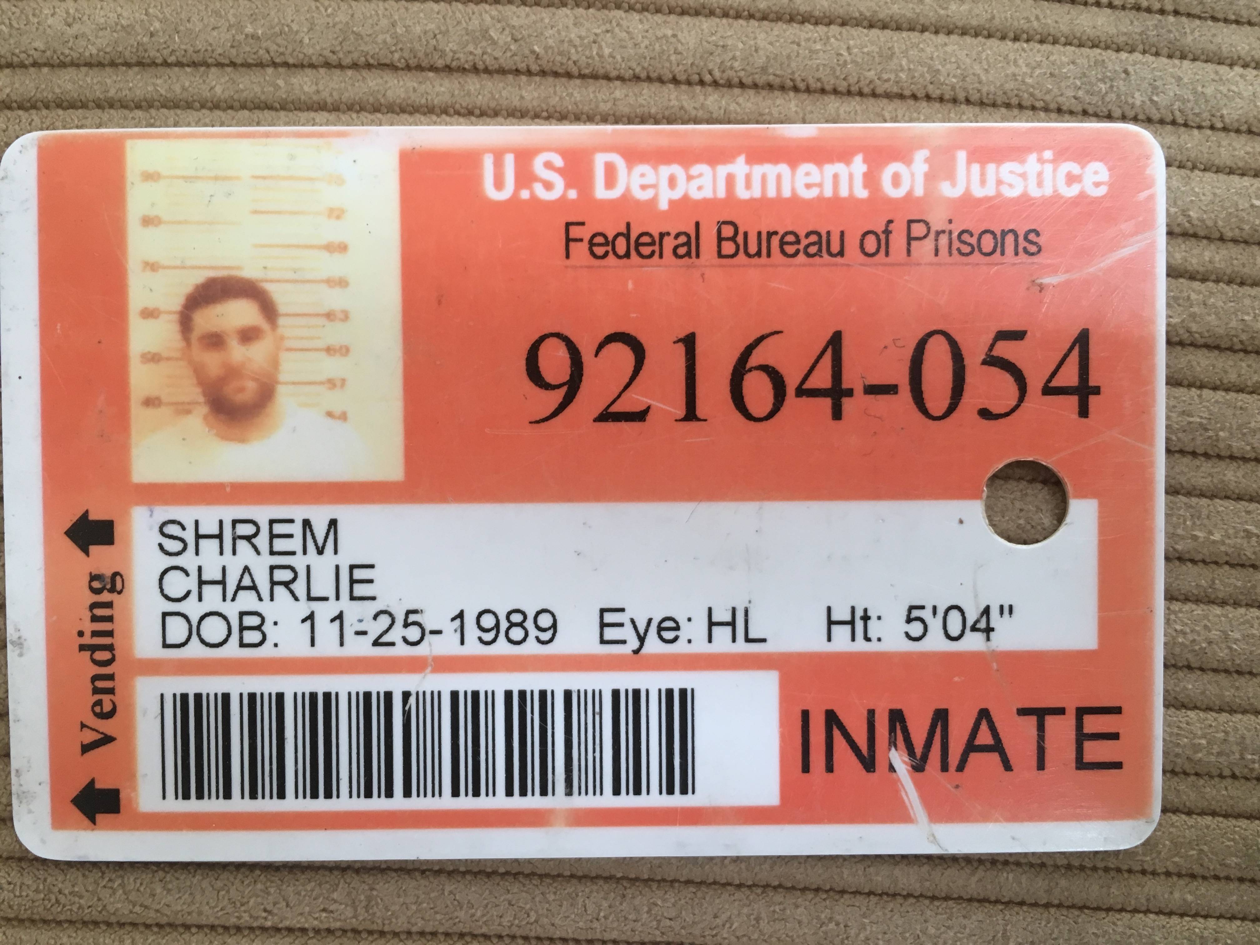 Charlie Shrem’s Federal Prison ID Card, 2014–2016