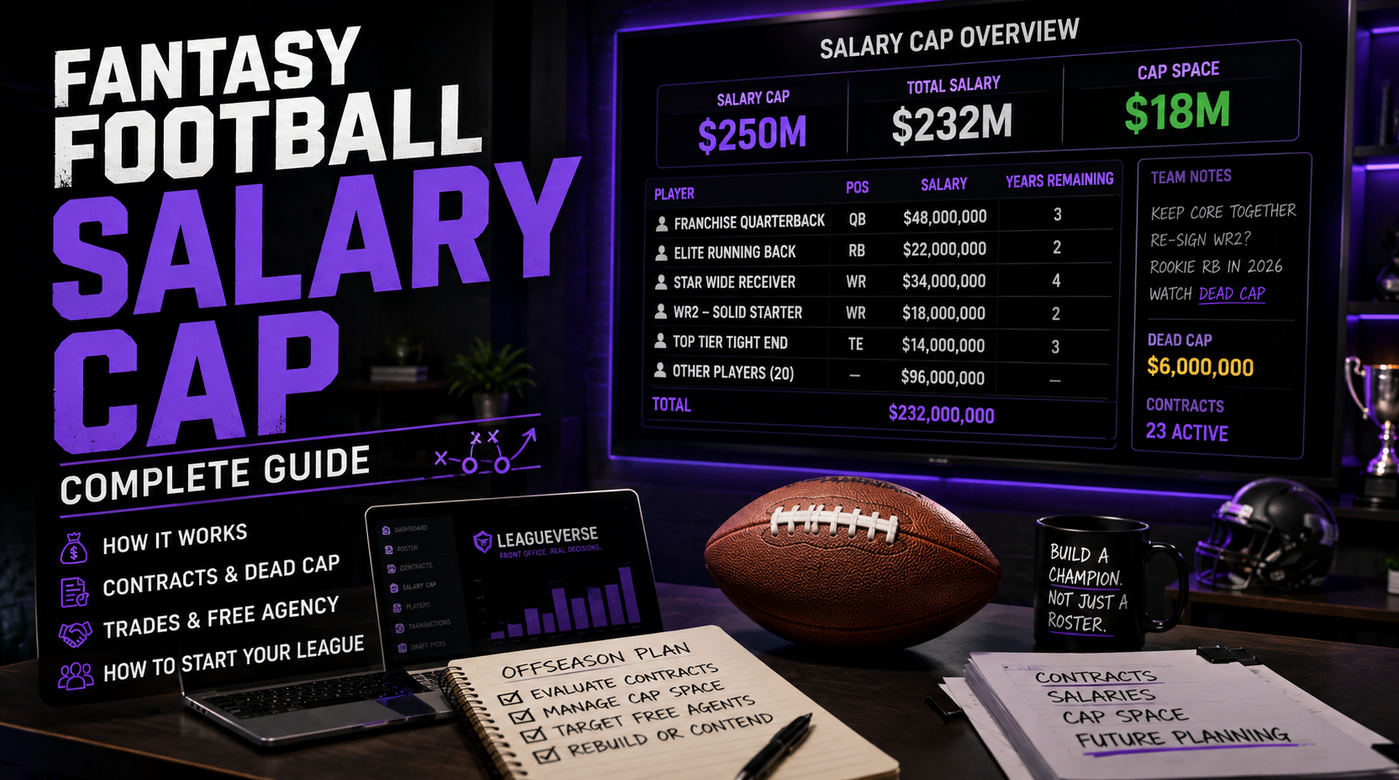 Fantasy football salary cap league dashboard showing player salaries, contracts, cap space and dead cap