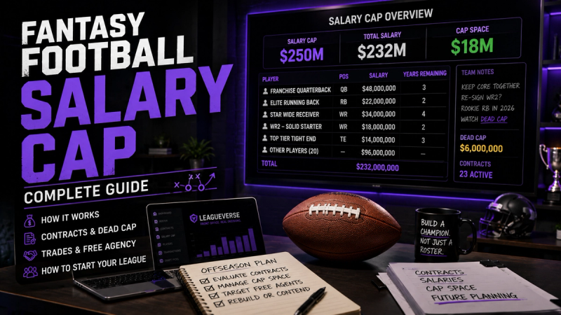 Fantasy football salary cap league dashboard showing player salaries, contracts, cap space and dead cap