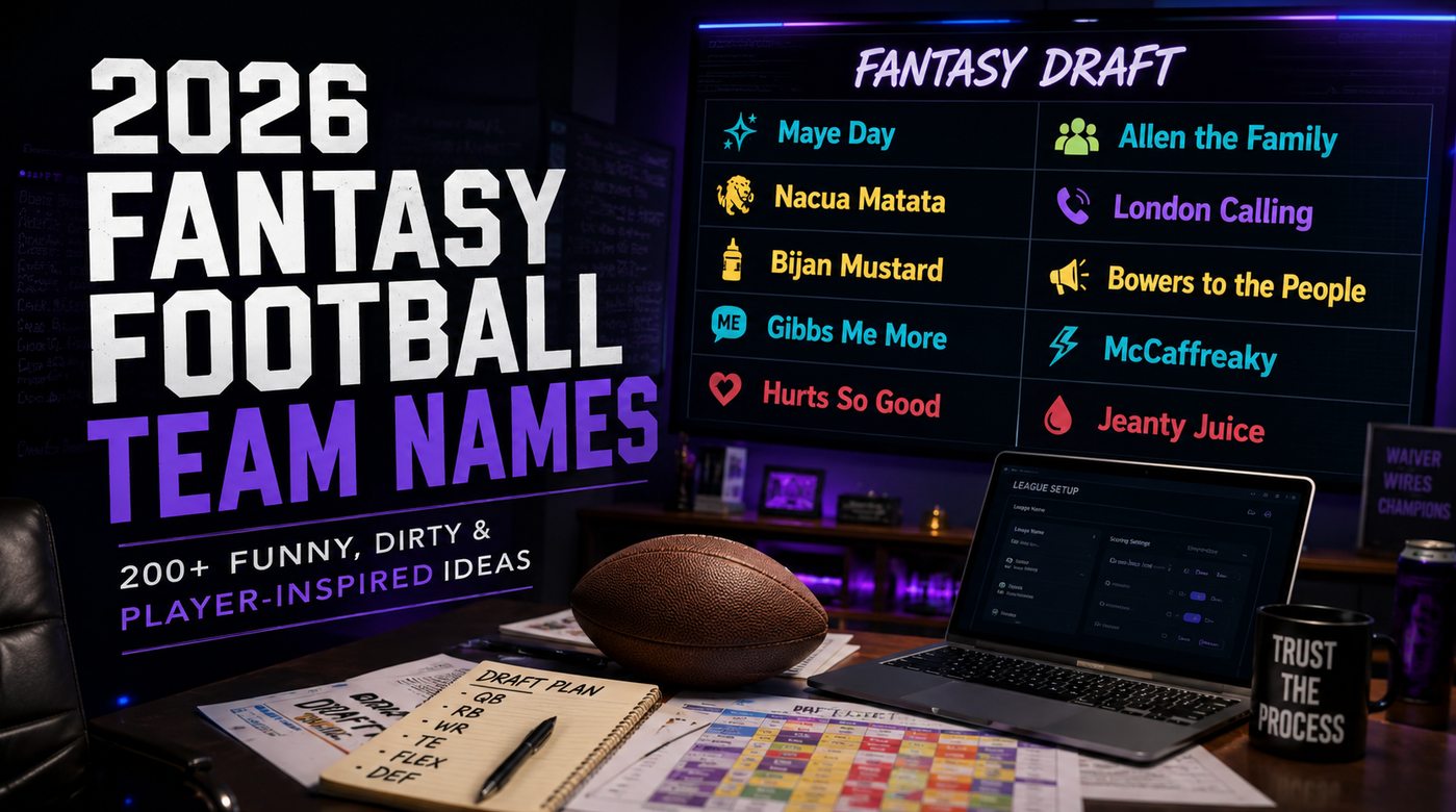 Funny fantasy football team names for 2026 displayed on a fantasy football draft board