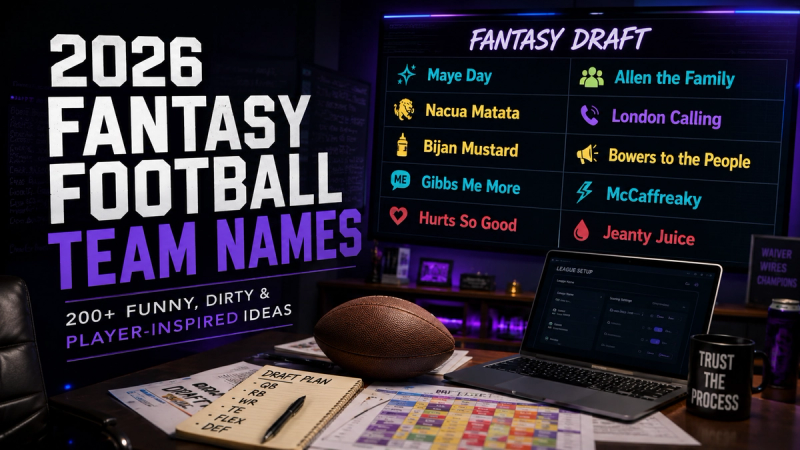 Funny fantasy football team names for 2026 displayed on a fantasy football draft board