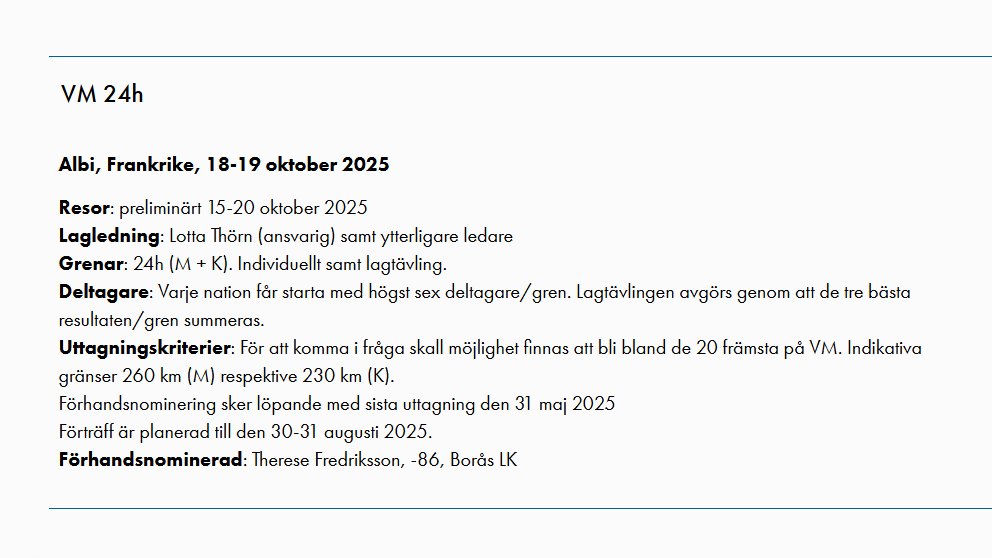 Kvalgränserna till VM i 24-timmars klara, Therese förhandsnominerad