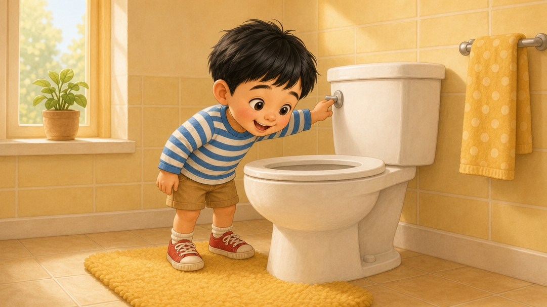 Kai pressing the toilet flush and peeking into the bowl with a grin