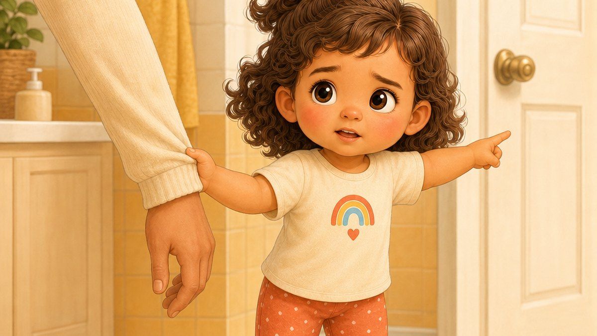 Nia tugging a grown-up's sleeve and pointing toward the bathroom door