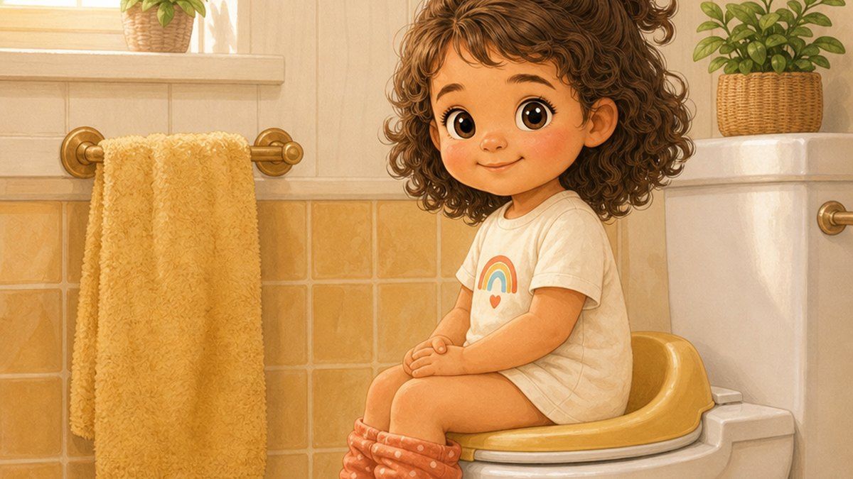 Nia sitting calmly on the potty with her feet on a step stool