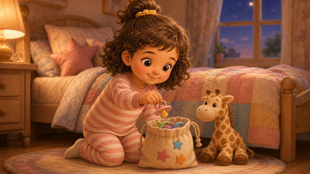 Nia kneeling on her bedroom floor at bedtime, dropping the last pacifier into a small bag decorated with stars, her toy giraffe beside her
