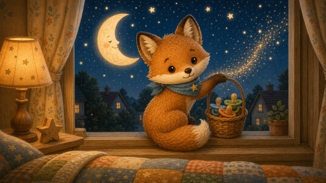Finn the fox cub on the windowsill at night, lifting a basket of pacifiers, with a trail of golden light outside