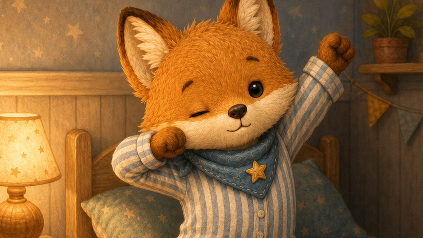 Finn the fox cub yawning and stretching in striped pyjamas beside his bed, ready for bedtime after the clocks go back