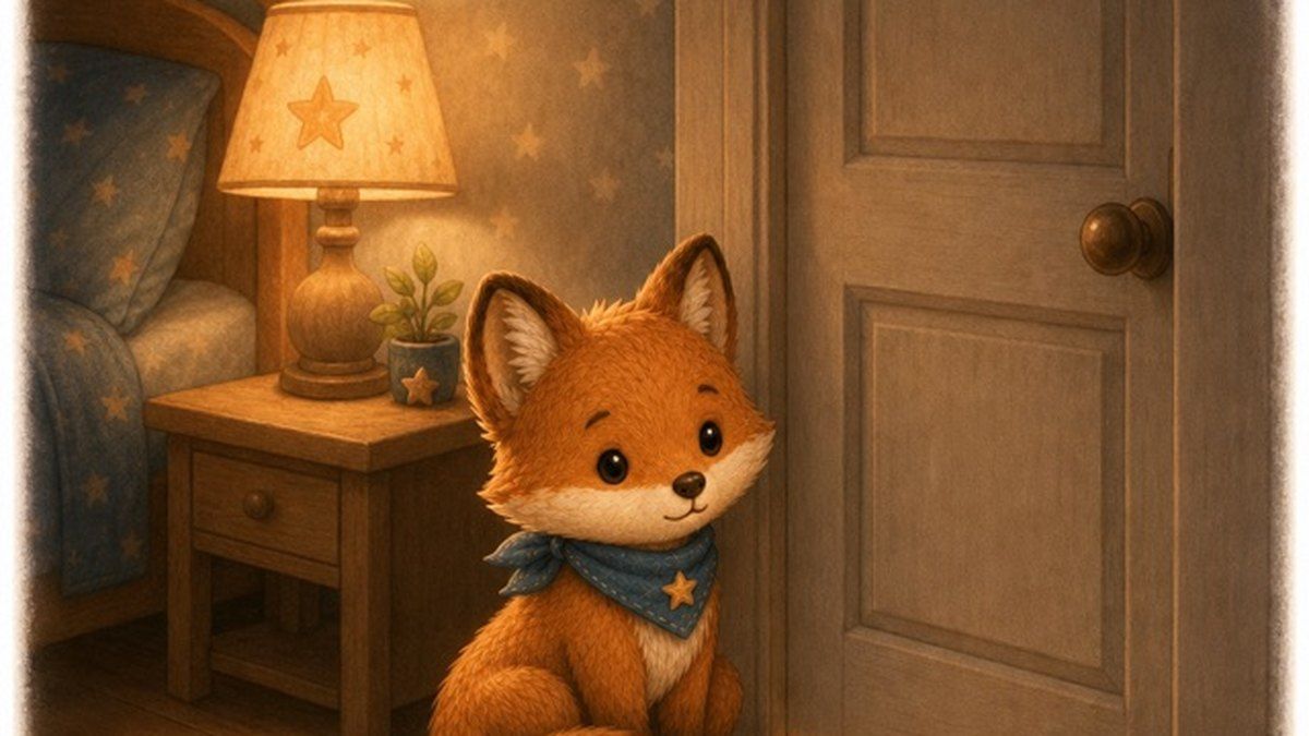 Finn the fox cub sitting by the bedroom door at night, a lamp glowing behind him