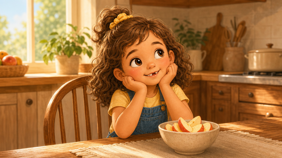 A girl at the kitchen table, chin in her hands, thinking, with a gap where a front tooth was