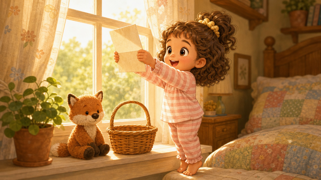 Nia on tiptoe at a sunny windowsill holding up the letter, the empty basket and a small soft fox beside her