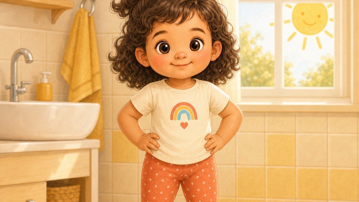 Nia standing proud with her hands on her hips in a sunny bathroom