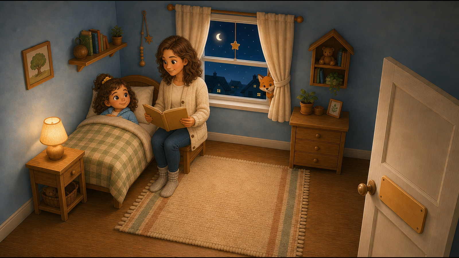 A mother reading a Christmas bedtime story to her little girl tucked into bed on Christmas Eve, with a lamp on, snow outside the window and Finn the fox peeking in