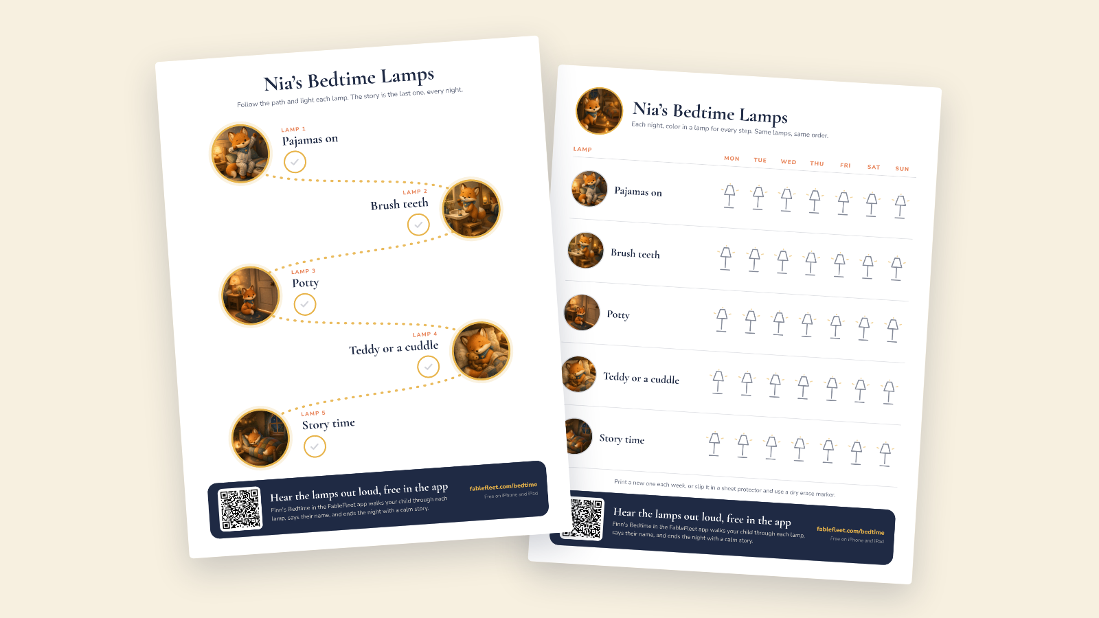 A printed bedtime routine chart with six lamps showing Finn the fox putting on pajamas, brushing his teeth, going to the potty, hugging a teddy and falling asleep after a story