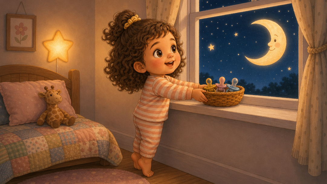 Nia in striped pajamas putting a basket of pacifiers on the windowsill under a smiling moon, her giraffe on the bed behind her