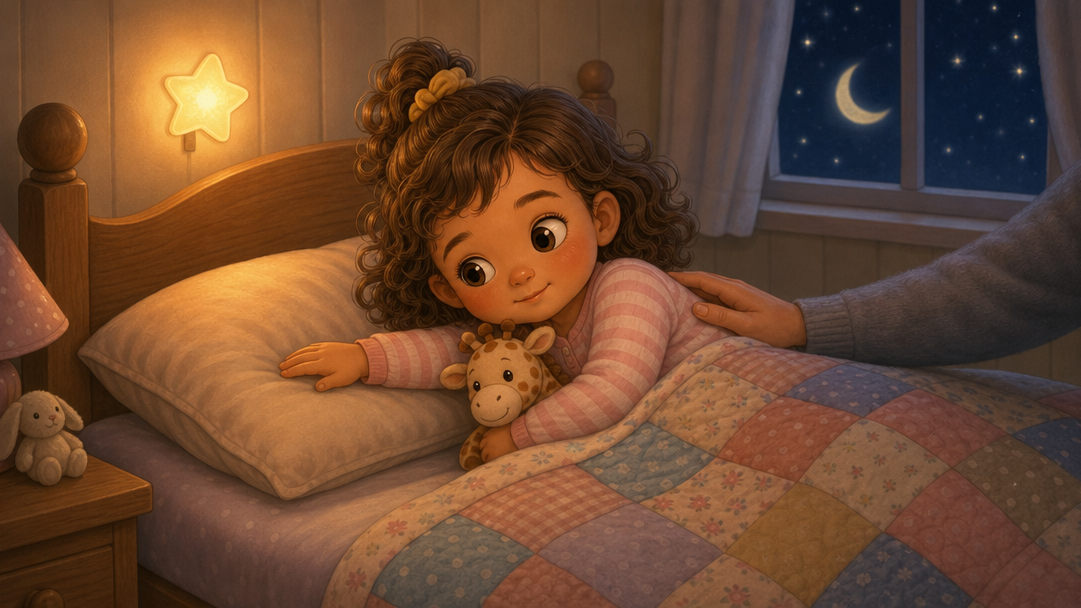 Nia awake in bed at night with her hand on the empty pillow, her toy giraffe tucked beside her and a grown-up's hand on her back