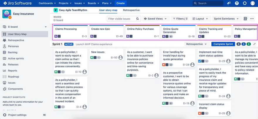 Jira epics from the base agile board line the top of the User Story Map