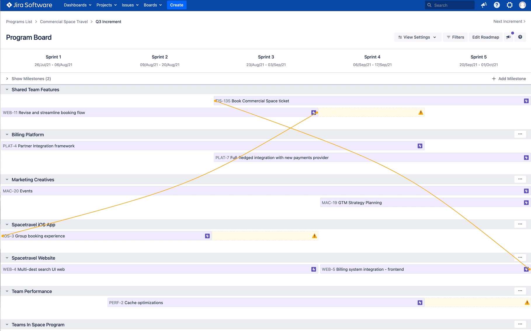Screenflow showing how a warning sign appears on the Program Roadmap if there is an issue scheduled after the feature or epic it relates to 