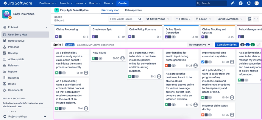 Jira issues sit below linked Jira epics on the User Story Map