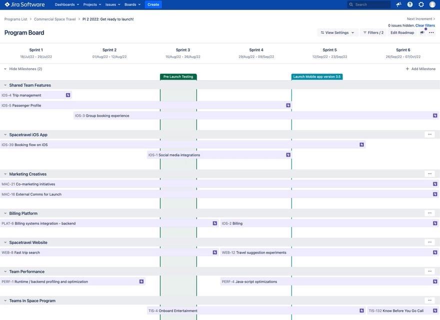 An image of Easy Agile Programs program board with milestones running through the swimlanes and features scheduled as Jira epics 