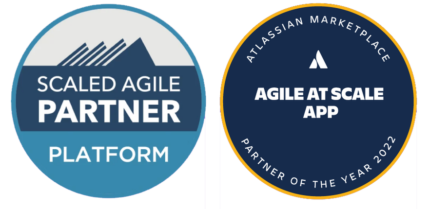 Image of scaled agile partner platform badge and Atlassian Agile at Scale App Partner of the Year Award badge