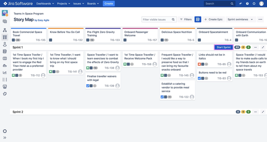 Screenshot of Easy Agile User Story Map with 'Start sprint' button highlighted