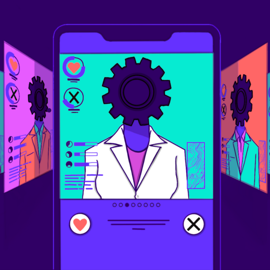 Illustration of a female character with phone UI