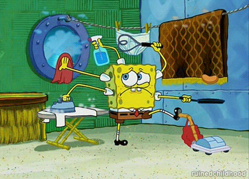 SpongeBob Squarepants doing multiple home tasks at once