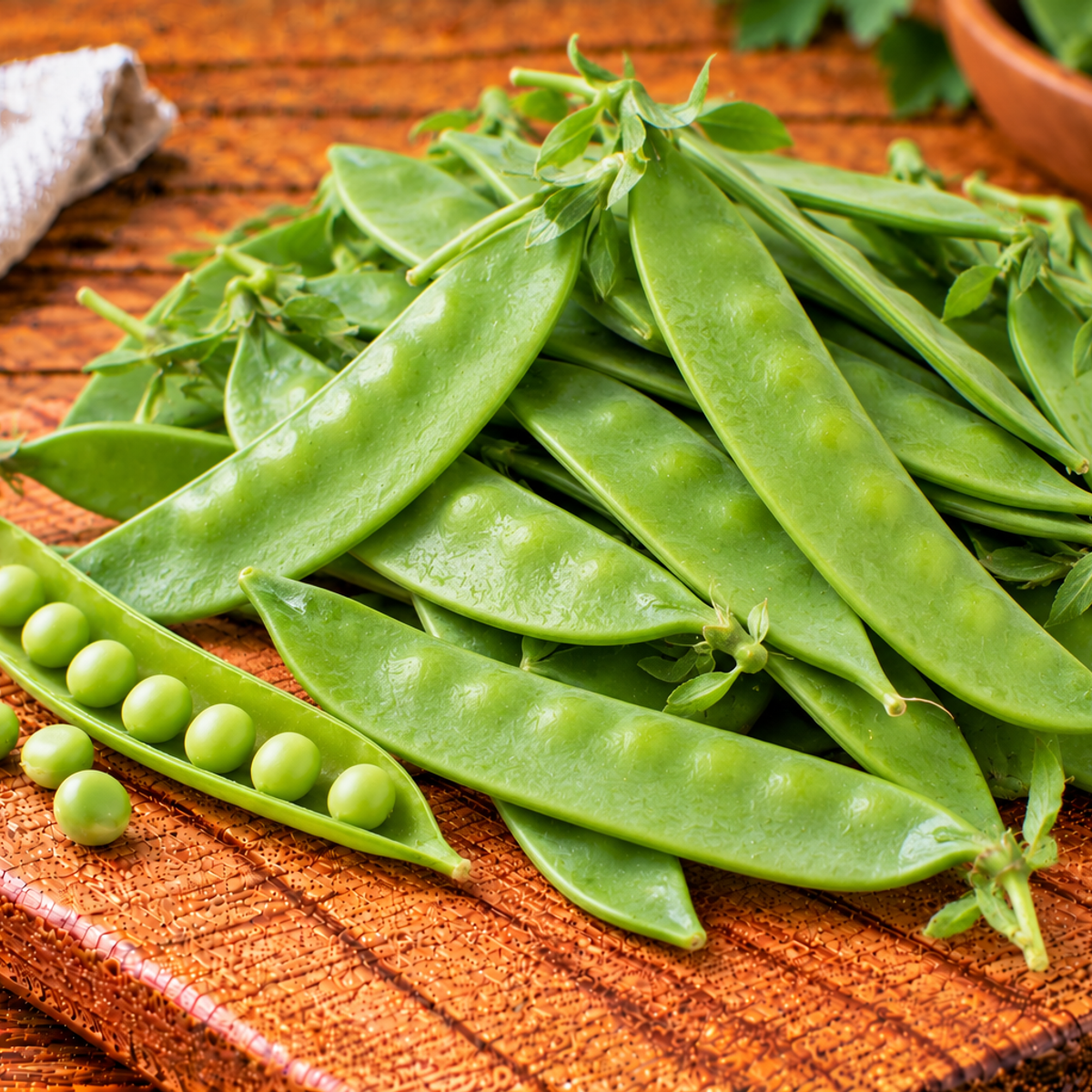 Flat green snow pea pods with smooth, crisp-looking surfaces