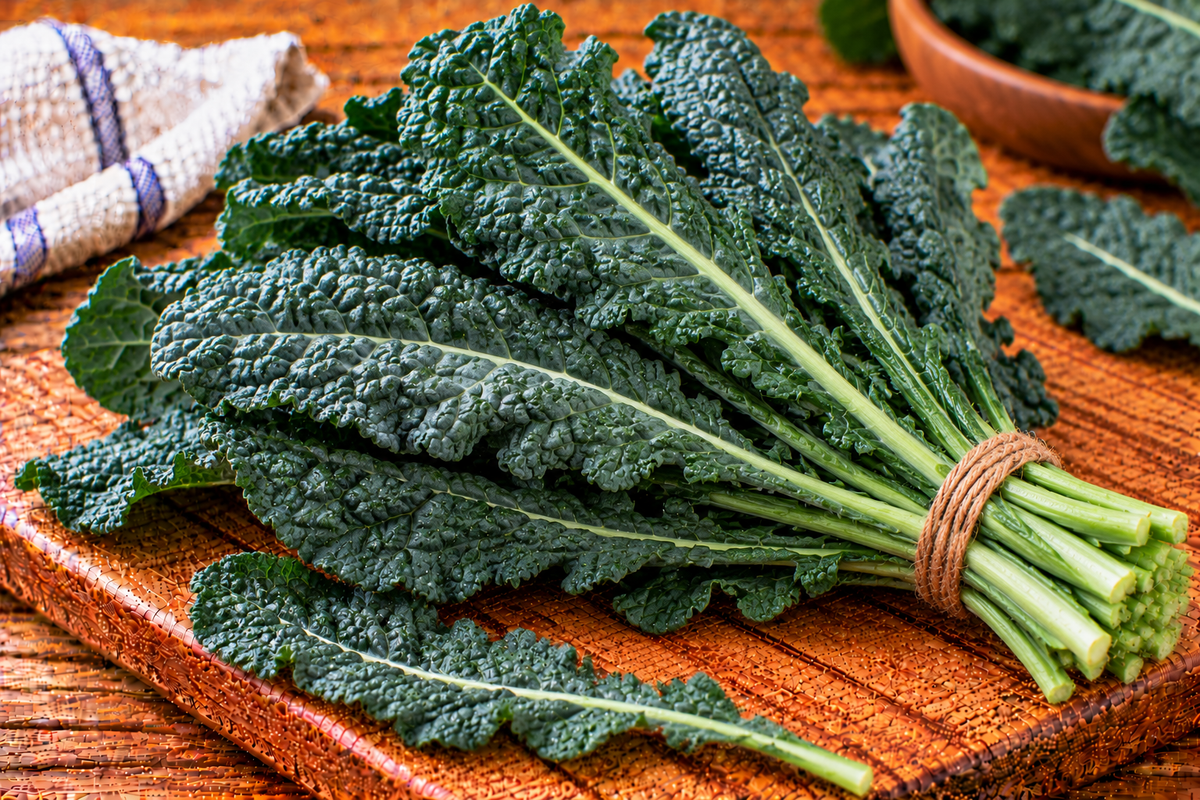 Tuscan kale with long, dark green, textured leaves