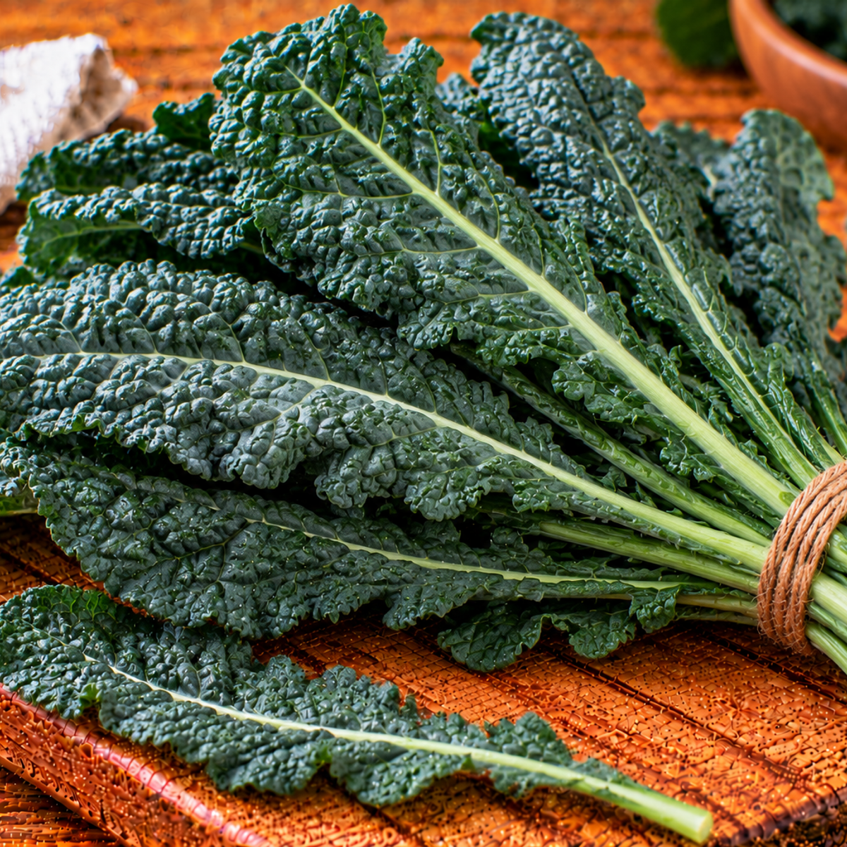 Tuscan kale with long, dark green, textured leaves